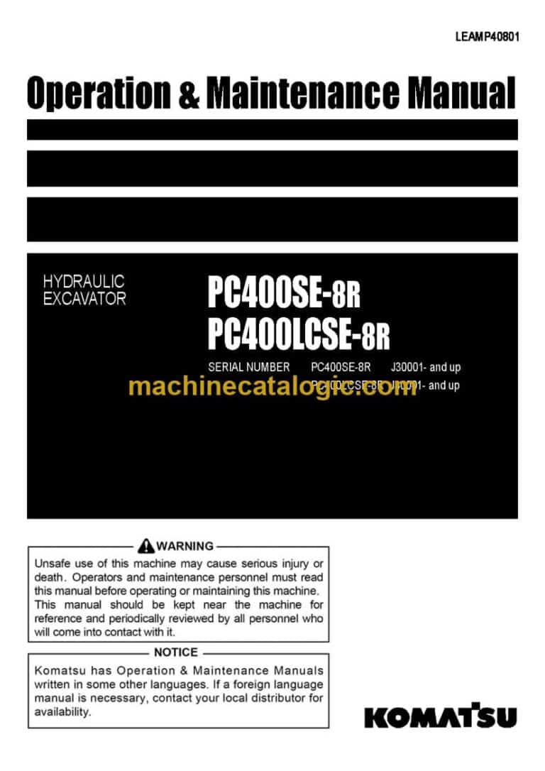 Komatsu PC400SE-8R, PC400LCSE-8 Hydraulic Excavator Operation and Maintenance Manual (LEAMP40801)
