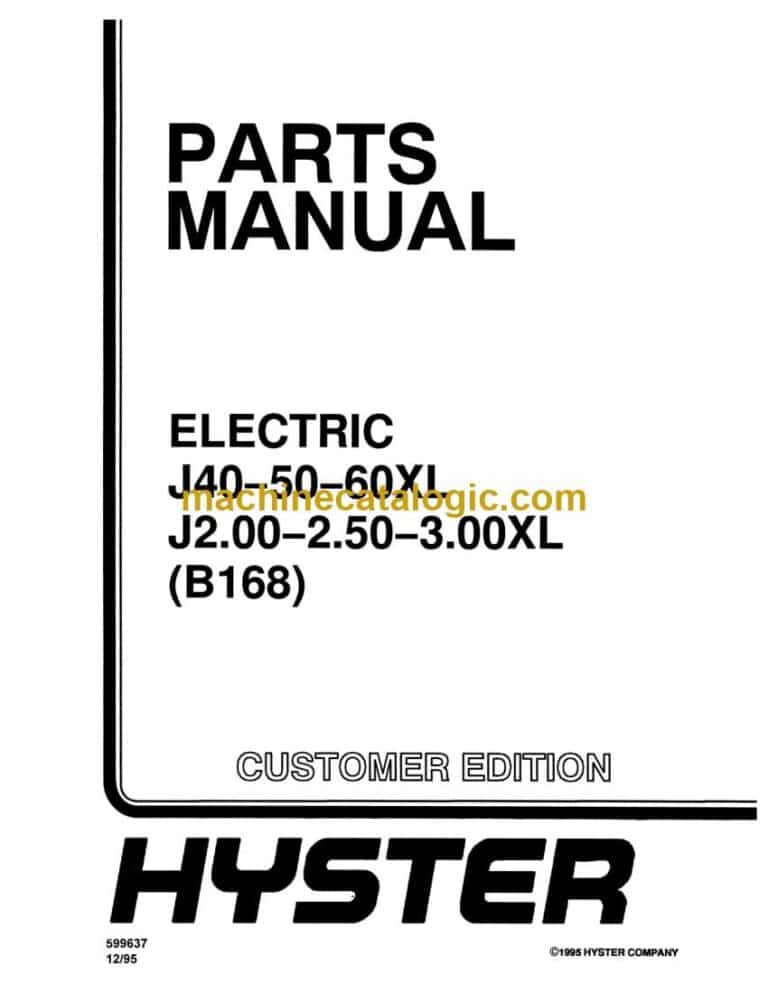 Hyster J40, J50, J60XL, J2.00, J2.50, J3.00XL (B168) Forklift Parts Manual