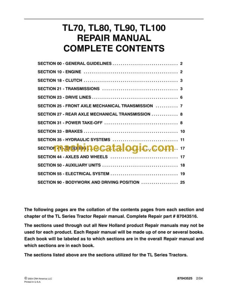 New Holland TL70, TL80, TL90, TL100 Tractor Repair Manual (87043516)