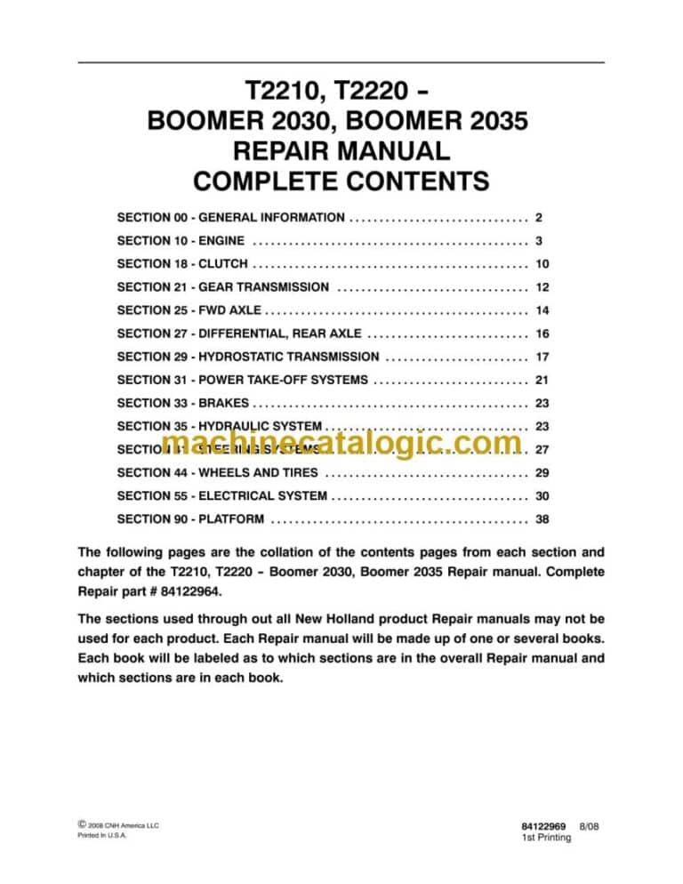 New Holland T2210, T2220, 2030 Boomer, 2035 Boomer Repair Manual (84122964)