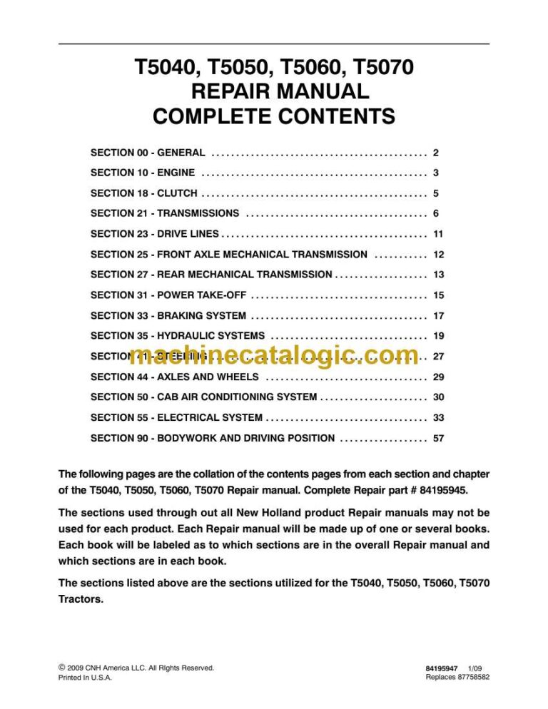 New Holland T5040, T5050, T5060, T5070 Tractor Repair Manual (84195945)
