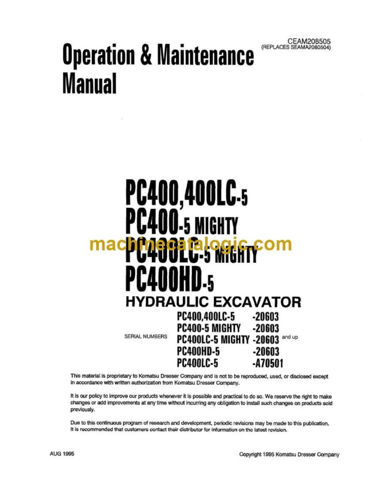 Komatsu PC400-5, PC400LC-5, PC400-5 Mighty, PC400LC-5 Mighty, PC400HD-5 Hydraulic Excavator Operation and Maintenance Manual (CEAM208505)
