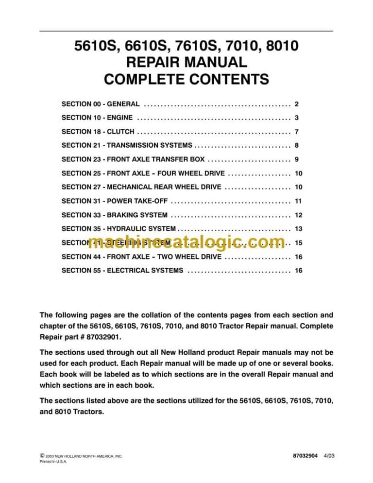 New Holland 5610S, 6610S, 7610S, 7010, 8010 Repair Manual (87032901)