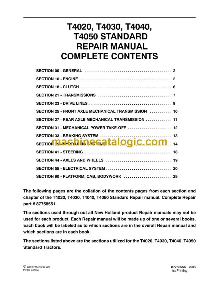 New Holland T4020, T4030, T4040, T4050 Standart Repair Manual (87758551)