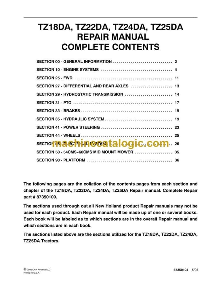 New Holland TZ18DA, TZ22DA, TZ24DA, TZ25DA Repair Manual (87350100)