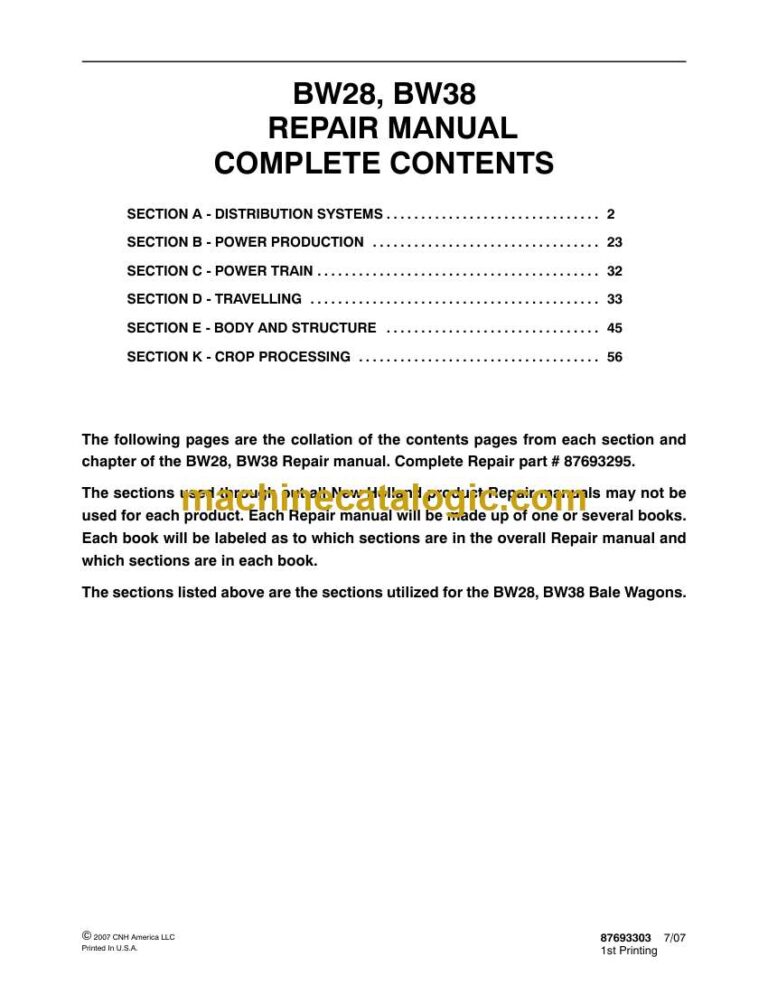 New Holland BW28, BW38 Bale Wagon Repair Manual (87693295)