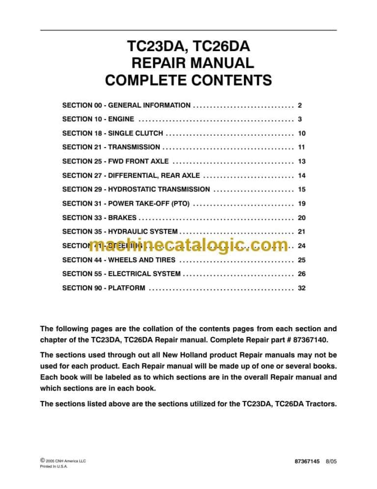 New Holland TC23DA, TC26DA Repair Manual (87367140)