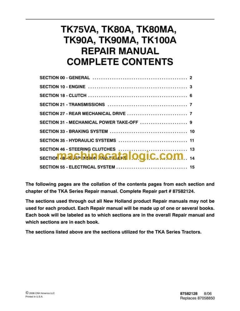 New Holland TK75VA, TK80A, TK80MA, TK90A, TK90MA, TK100A Repair Manual