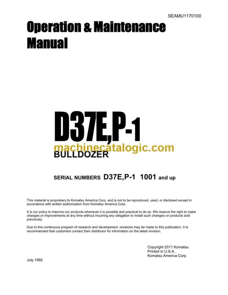 Komatsu D37E-1, D37P-1 Bulldozer Operation and Maintenance Manual (SEAMU1170100)