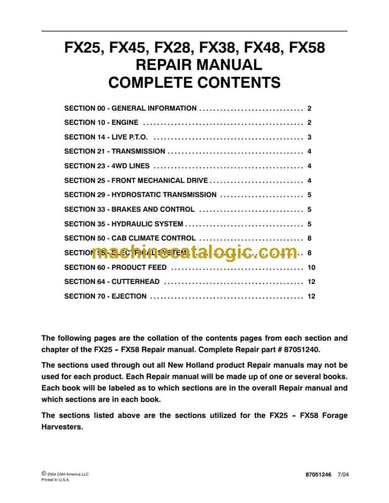 New Holland FX25, FX45, FX28, FX38, FX48, FX58 Repair Manual (87051240)