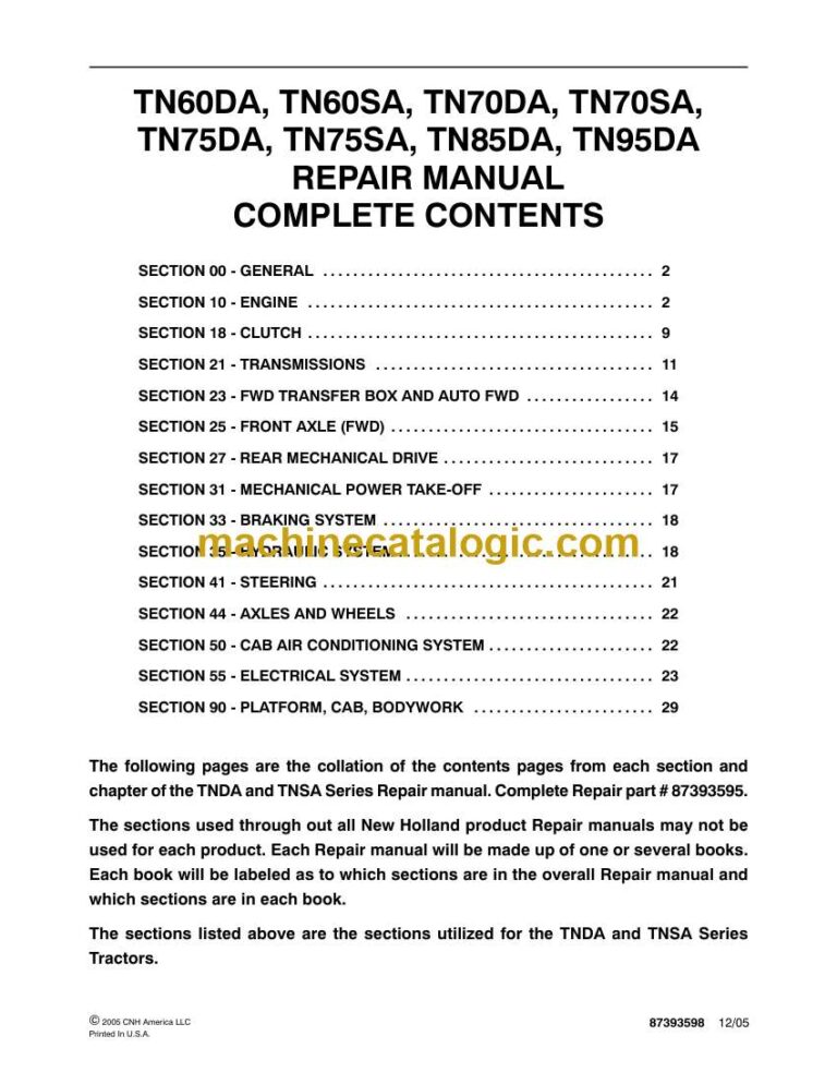New Holland TN60DA, TN60SA, TN70DA, TN70SA, TN75DA, TN75SA, TN85DA, TN95DA Repair Manual (87393595)