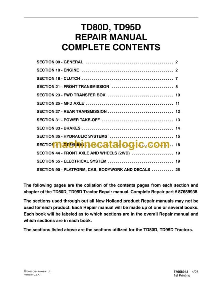 New Holland TD80D, TD95D Repair Manual (87658938)
