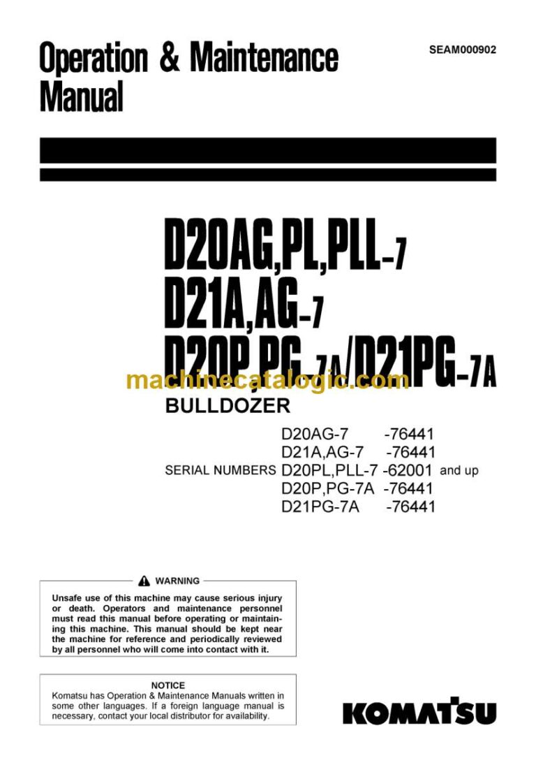 Komatsu D20AG-7, D20PL-7, D20PLL-7, D21A, D21AG-7, D20P, D20PG-7A, S21PG-7A Bulldozer Operation and Maintenance Manual (SEAM000902)