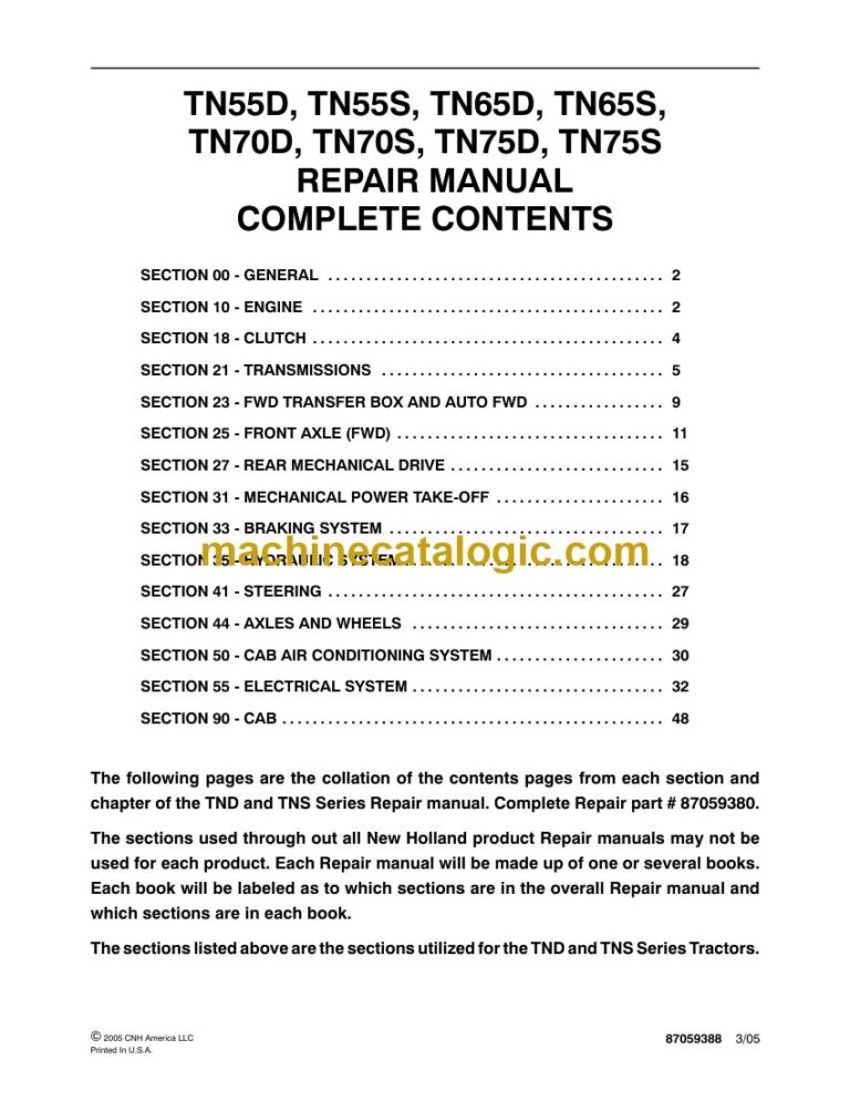 New Holland TN55D, TN55S, TN65D, TN65S, TN70D, TN70S, TN75D, TN75S Repair Manual (87059380)