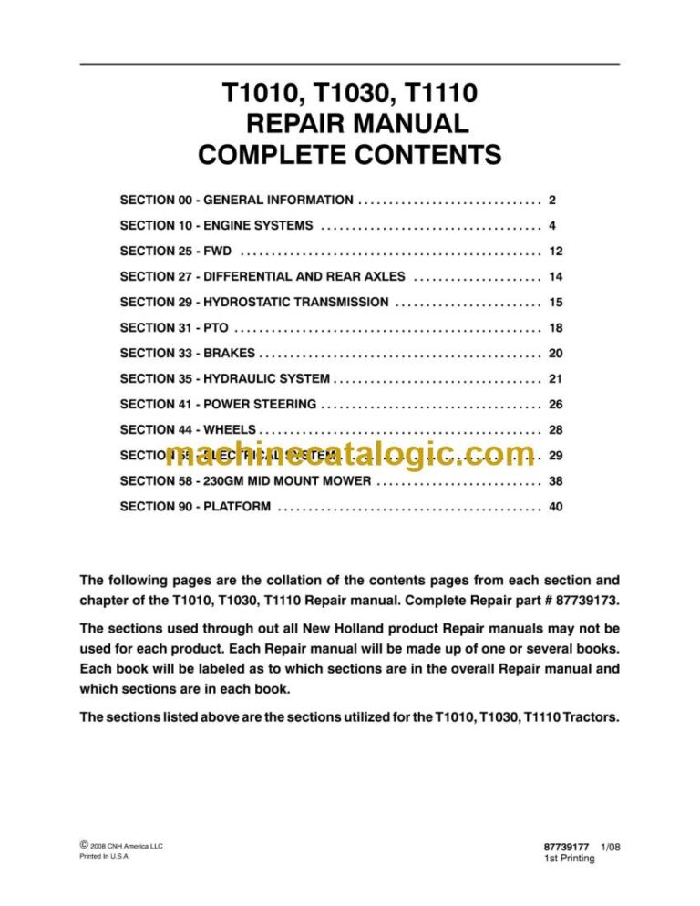 New Holland T1010, T1030, T1110 Repair Manual (87739173)