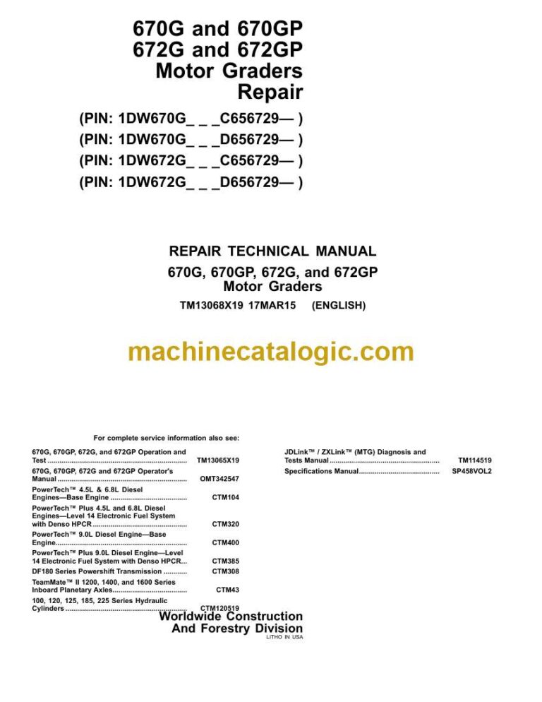 John Deere 670G, 670GP, 672GP Motor Graders Repair Technical Manual (TM13068X19)