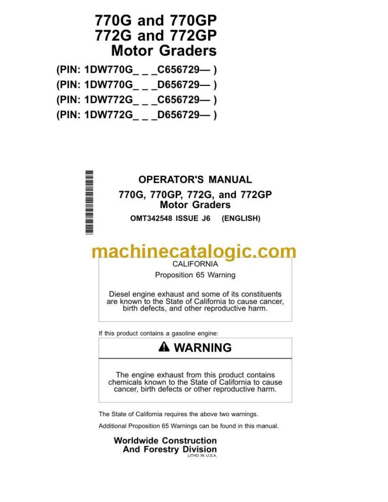 John Deere 770G, 770GP, 772G, 772GP Motor Graders Operators Manual (OMT342548)