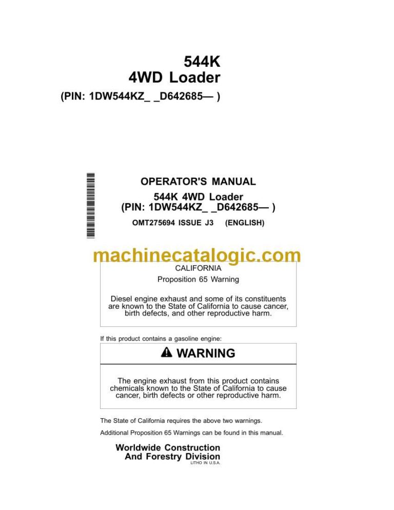 John Deere 544K 4WD Loader Operator Manual (OMT275694)