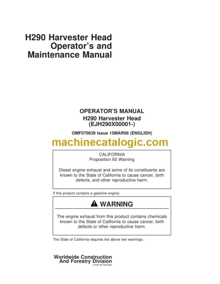 John Deere H290 Harvester Head Operator’s and Maintenance Manual (OMF070639)