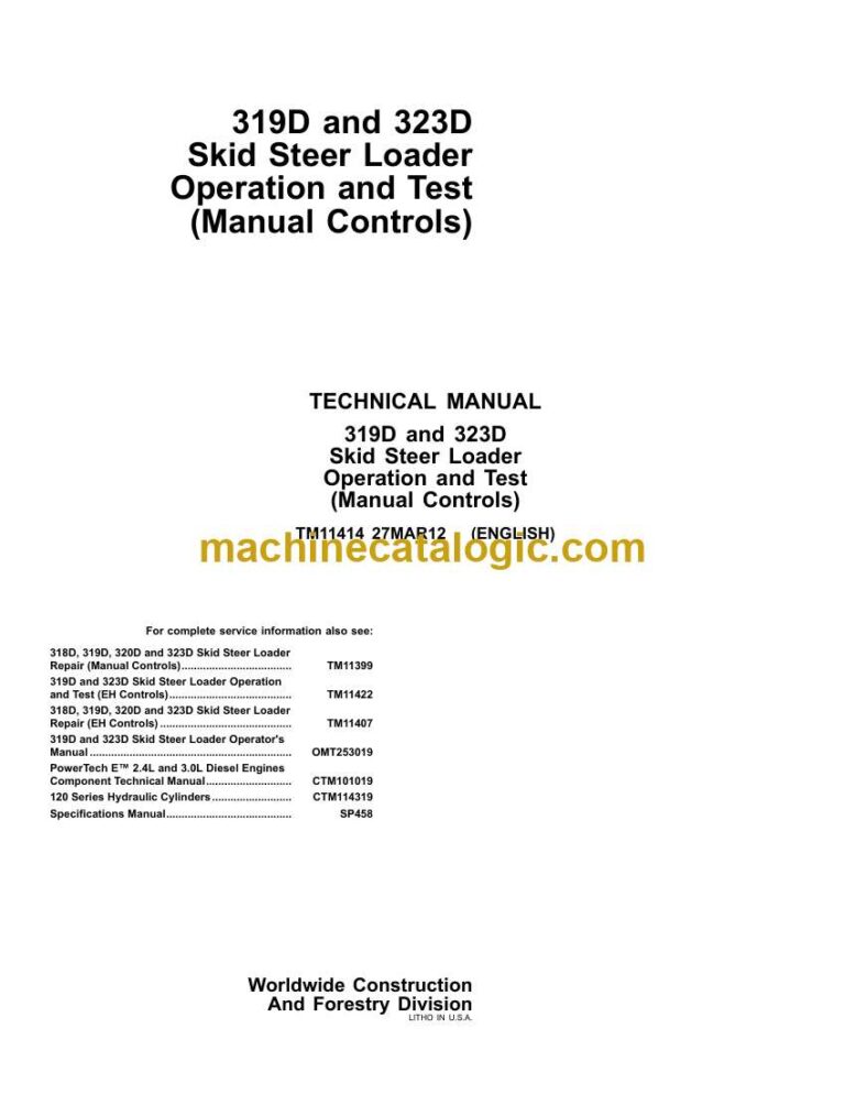 John Deere 319D and 323D Skid Steer Loader Operation and Test Technical Manual (TM11398)