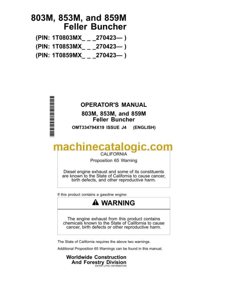 John Deere 803M, 853M, 859M Feller Buncher Operator Manual (OMT334794X19)