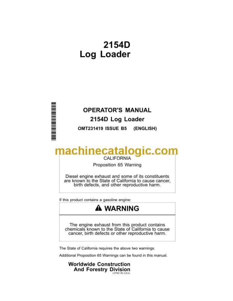 John Deere 2154D Log Loader Operator Manual (OMT231419)