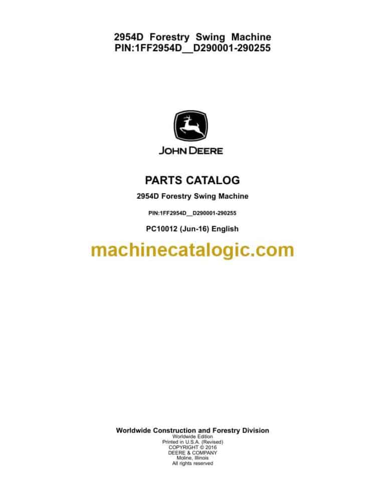John Deere 2954D Forestry Swing Machine Parts Catalog (PC10050)