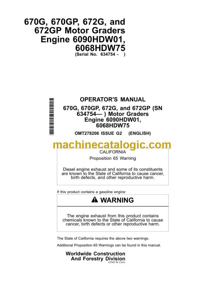 John Deere 670G, 670GP, 672G, and 672GP Motor Graders Operators Manual (OMT278206)