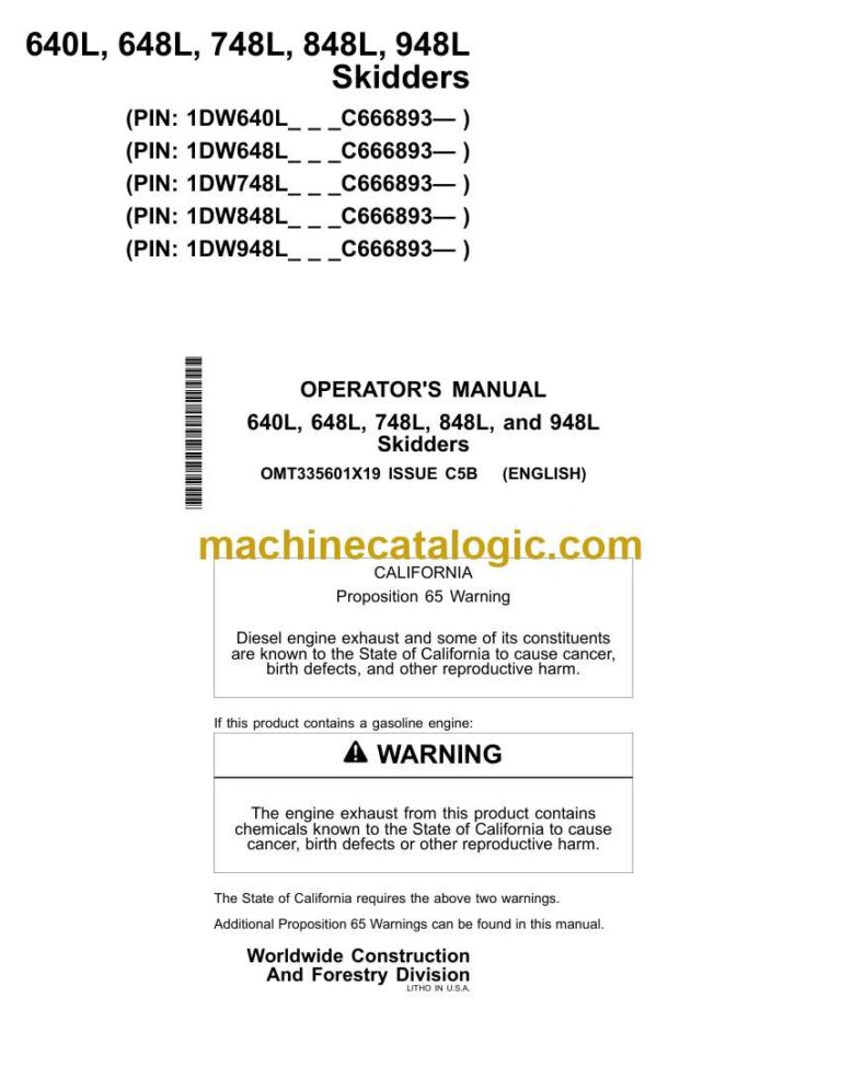 John Deere 640L, 648L, 748L, 848L, 948L Skidders Operator Manual (OMT335601X19)