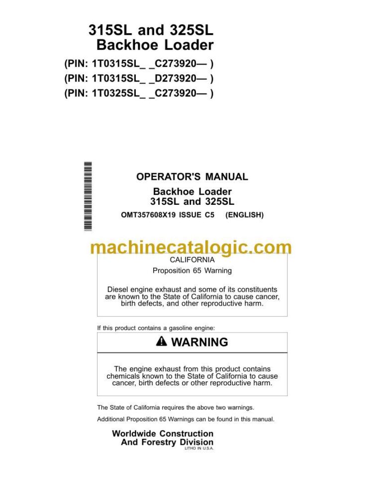 John Deere 315SL and 325SL Backhoe Loader Operator Manual (OMT357608X19)