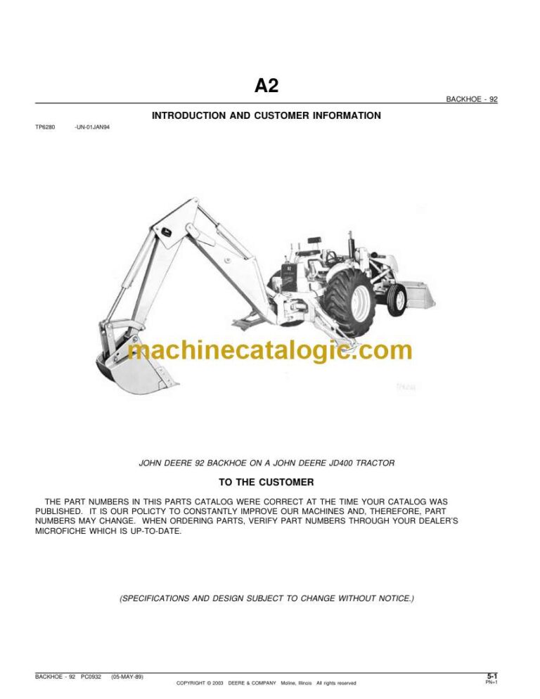 John Deere 92 Backhoe on a JD400 Tractor Parts Manual (PC932)