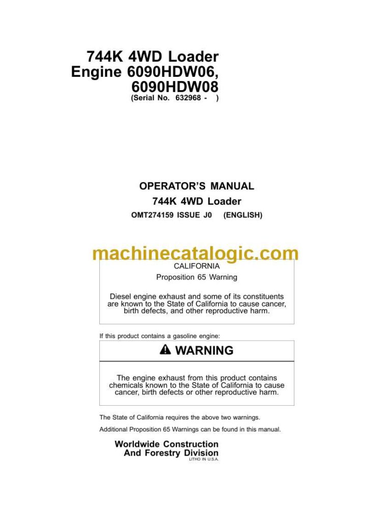 John Deere 744K 4WD Loader Operators Manual (OMT274159)