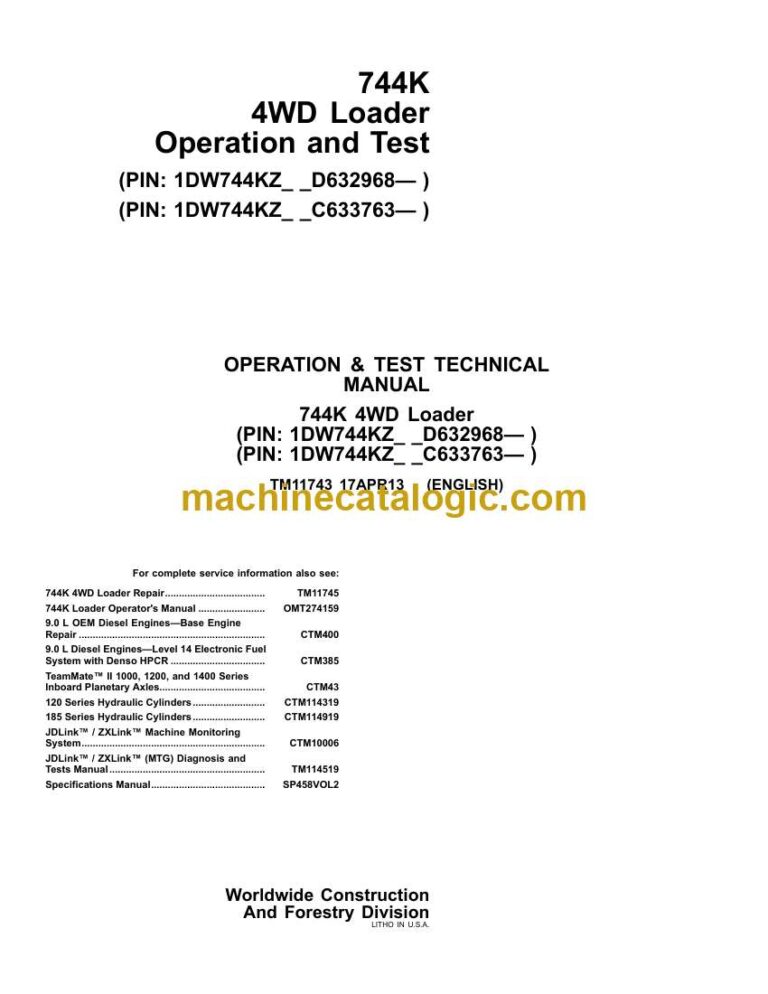 John Deere 744K 4WD Loader Operation and Test Technical Manual (TM11743)