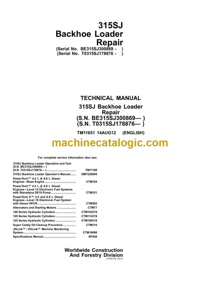 John Deere 315SJ Backhoe Loader Repair Technical Manual (TM11651)