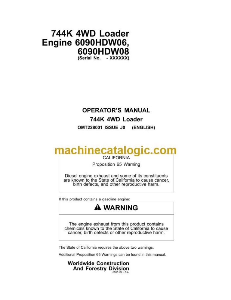 John Deere 744K 4WD Loader Operators Manual (OMT228001)