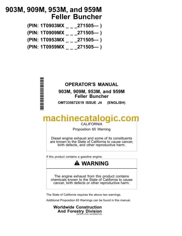 John Deere 903M, 909M, 953M, 959M Feller Buncher Operator Manual (OMT335672X19)