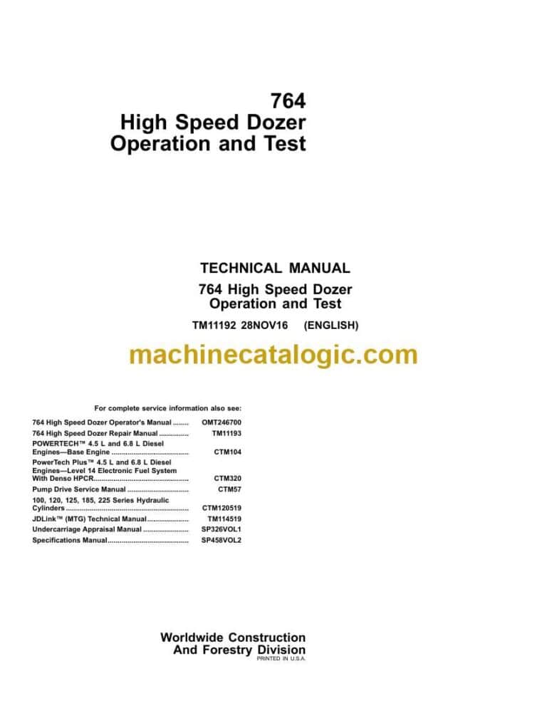 John Deere 764 High Speed Dozer Operation and Test Technical Manual (TM11192)