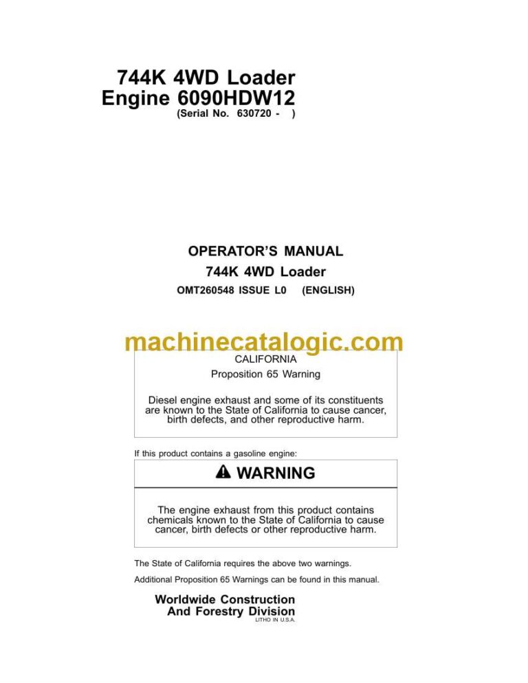John Deere 744K 4WD Loader Operators Manual (OMT260548)