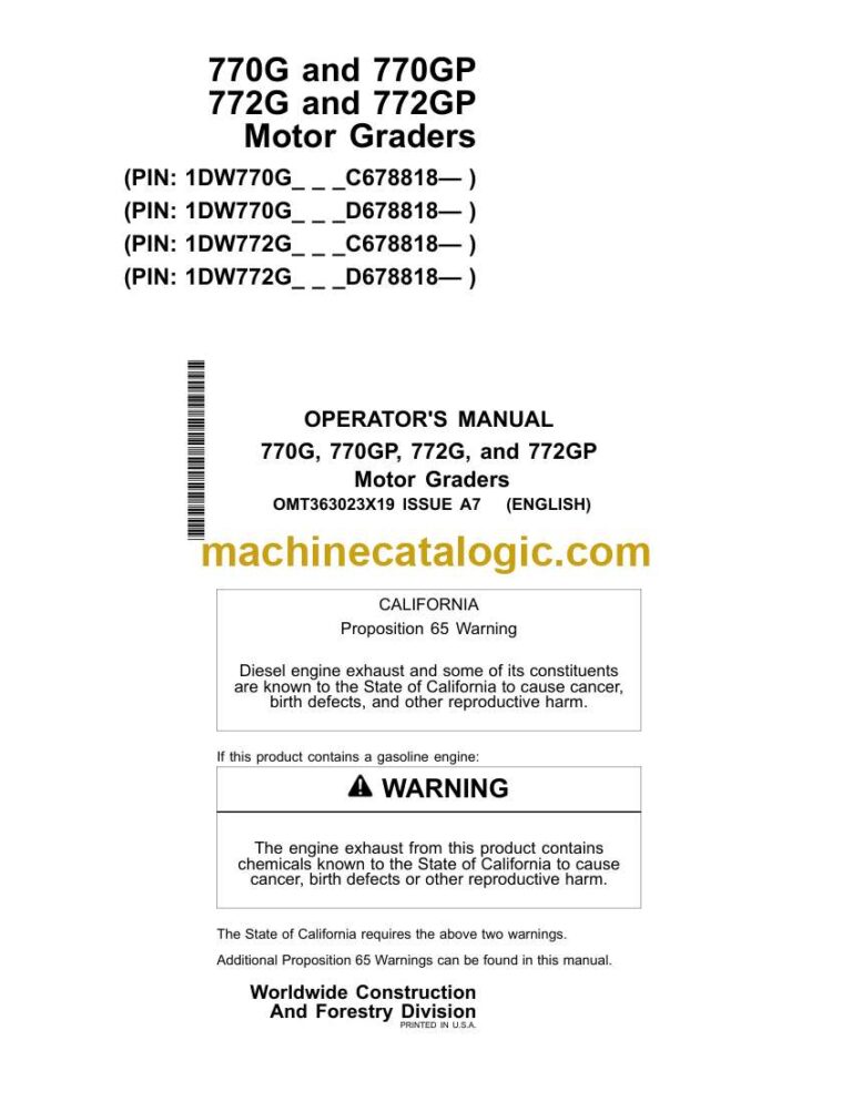 John Deere 770G, 770GP, 772G, 772GP Motor Graders Operators Manual (OMT363023X19)