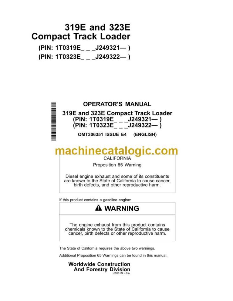 John Deere 319E and 323E Compact Track Loader Operator Manual (OMT306351)