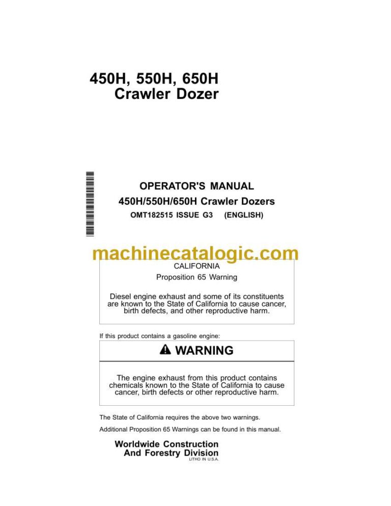 John Deere 450H, 550H, 650H Crawler Dozer Operator Manual (OMT182515)