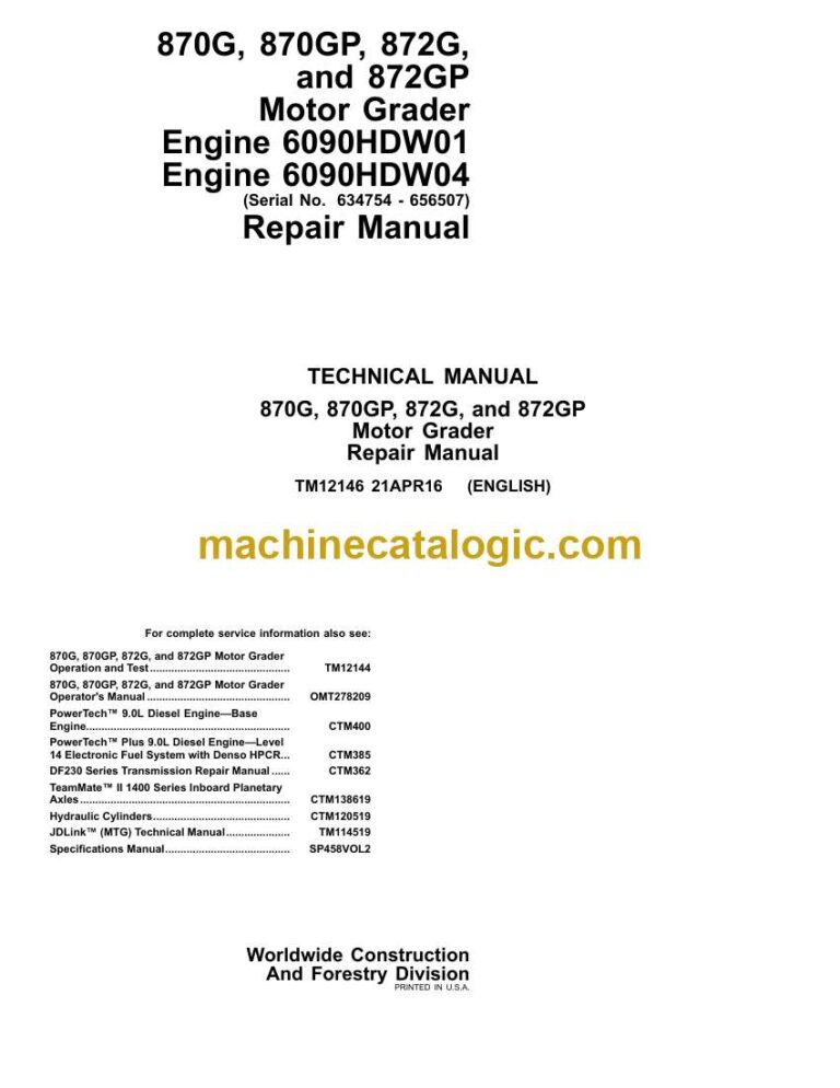 John Deere 870G, 870GP, 872G, and 872GP Motor Grader Repair Technical Manual (TM12146)