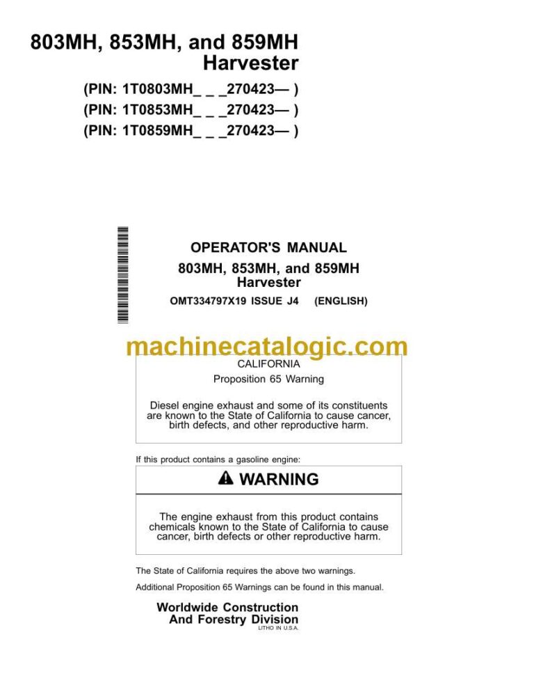 John Deere 803MH, 853MH, 859MH Harvester Operators Manual (OMT334797X19)