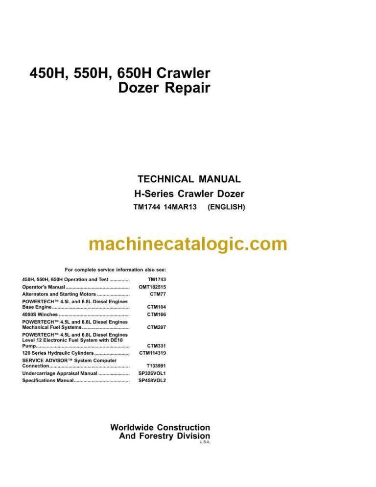 John Deere 450H, 550H, 650H Crawler Dozer Repair Technical Manual (TM1744)