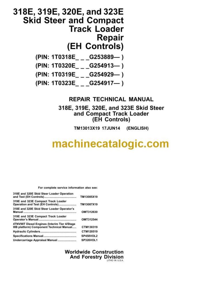 John Deere 318E, 319E, 320E, 323E Skid Steer and Compact Track Loader Repair Technical Manual (TM13013X19)
