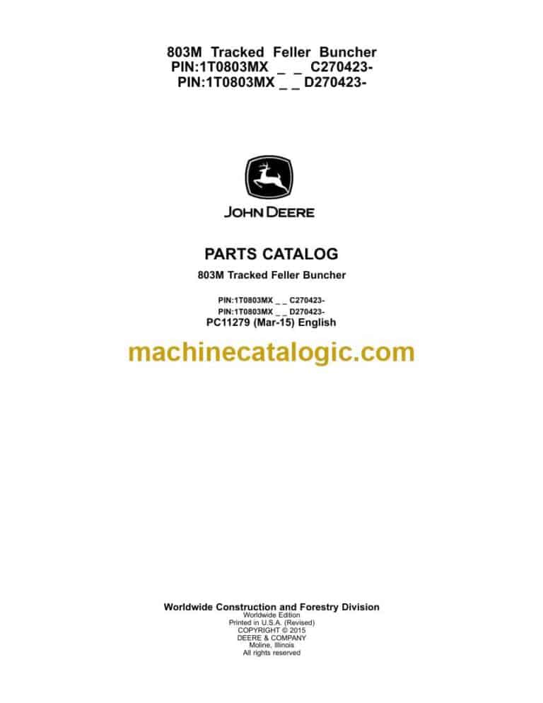 John Deere 803M Tracked Feller Buncher Parts Catalog (PC11279)