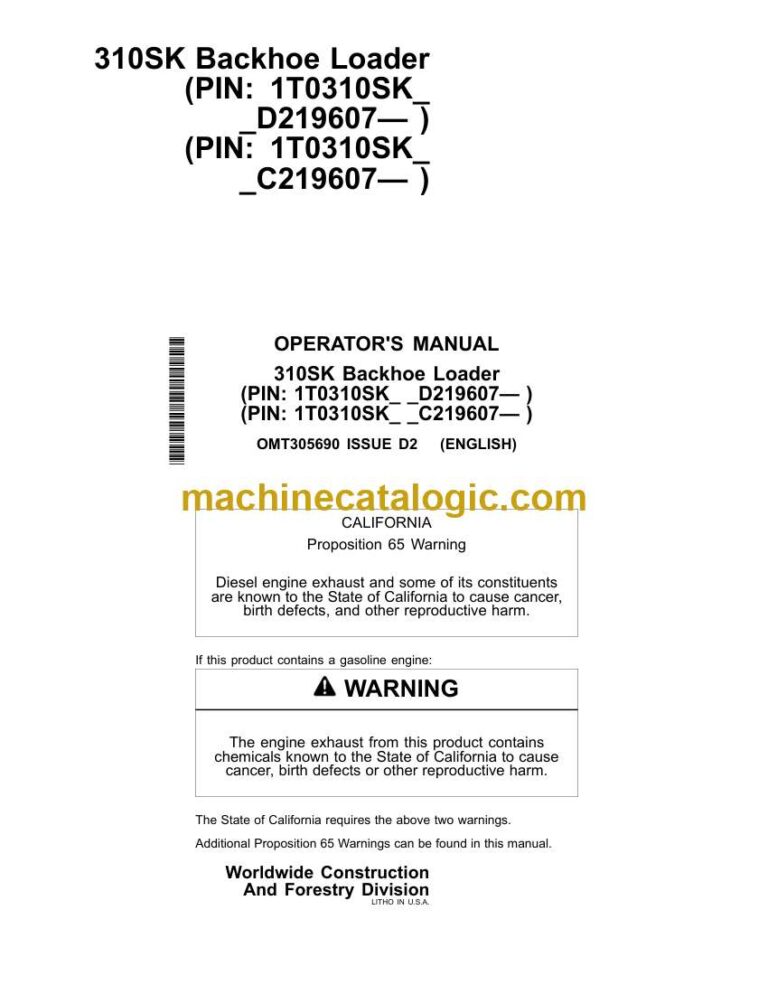 John Deere 310SK Backhoe Loader Operator Manual (OMT305690)