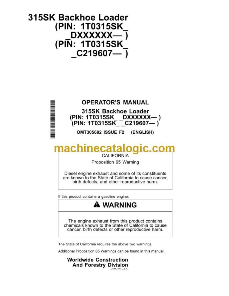John Deere 315SK Backhoe Loader Operator Manual (OMT305682)