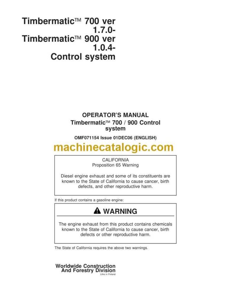 John Deere Timbermatic 700 ver 1.7.0- Timbermatic 900 ver 1.0.4- Control system Operator Manual (OMF071154)