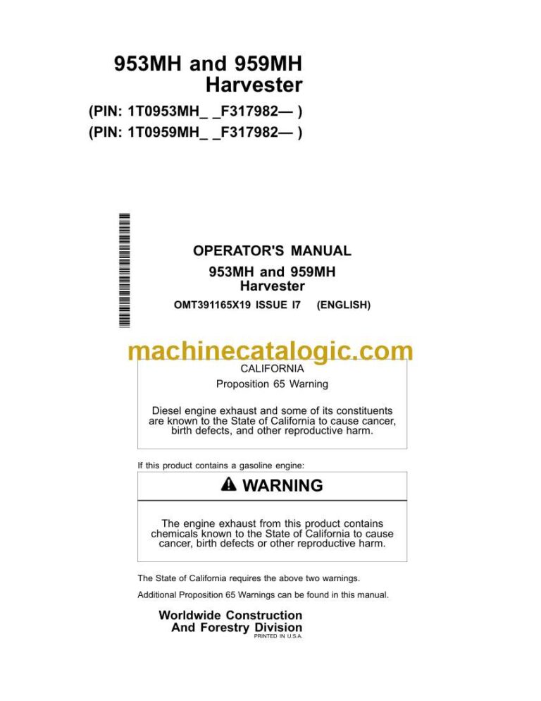 John Deere 953MH and 959MH Harvester Operators Manual (OMT391165X19)
